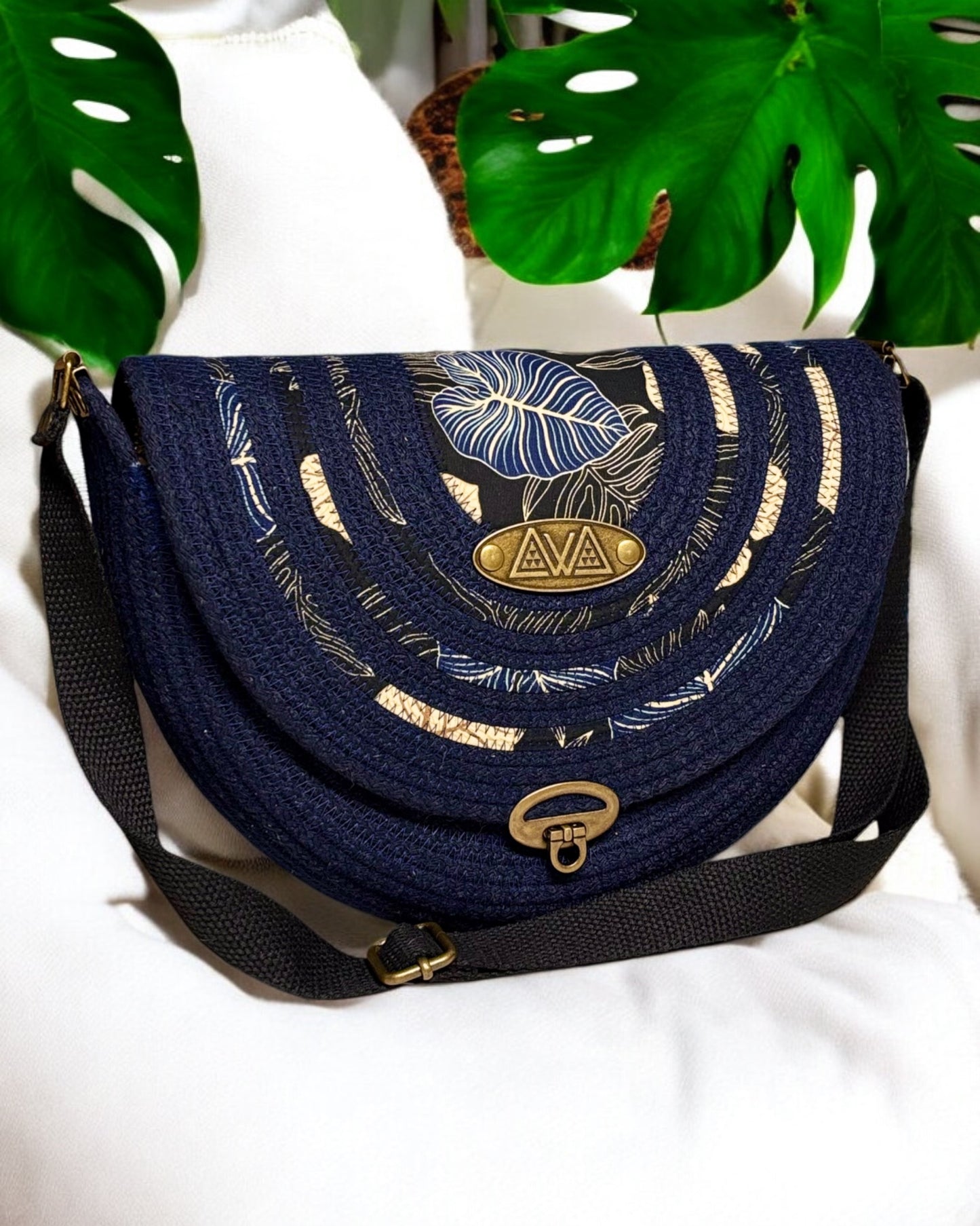 Navy Mahina Crossbody Messenger Bag - Taro Leaf Print Fabric Accents, Handmade, & Eco-Friendly (In-Stock) - Sew Da Kine