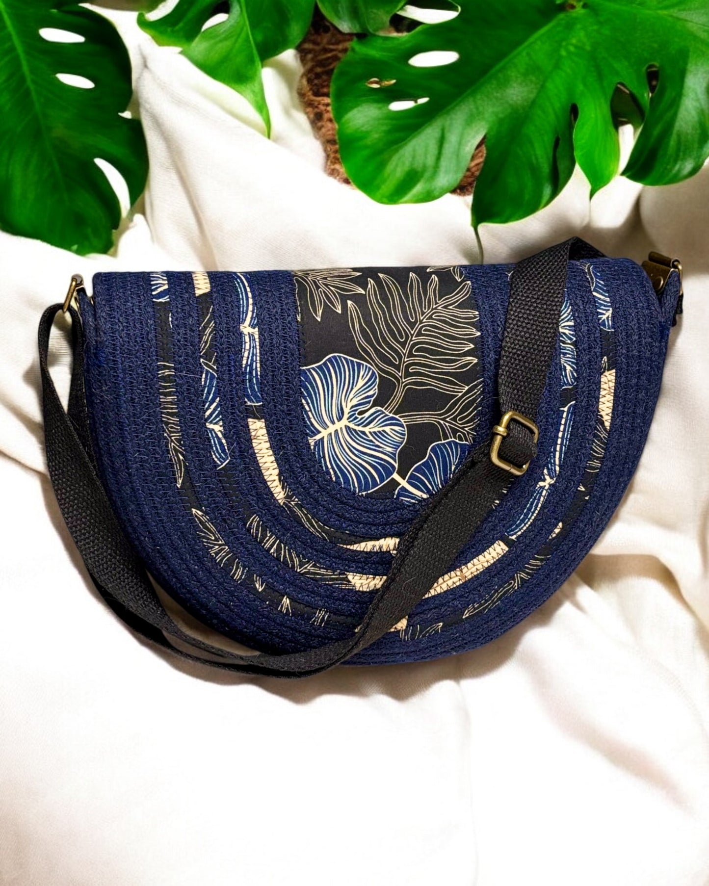 Navy Mahina Crossbody Messenger Bag - Taro Leaf Print Fabric Accents, Handmade, & Eco-Friendly (In-Stock) - Sew Da Kine