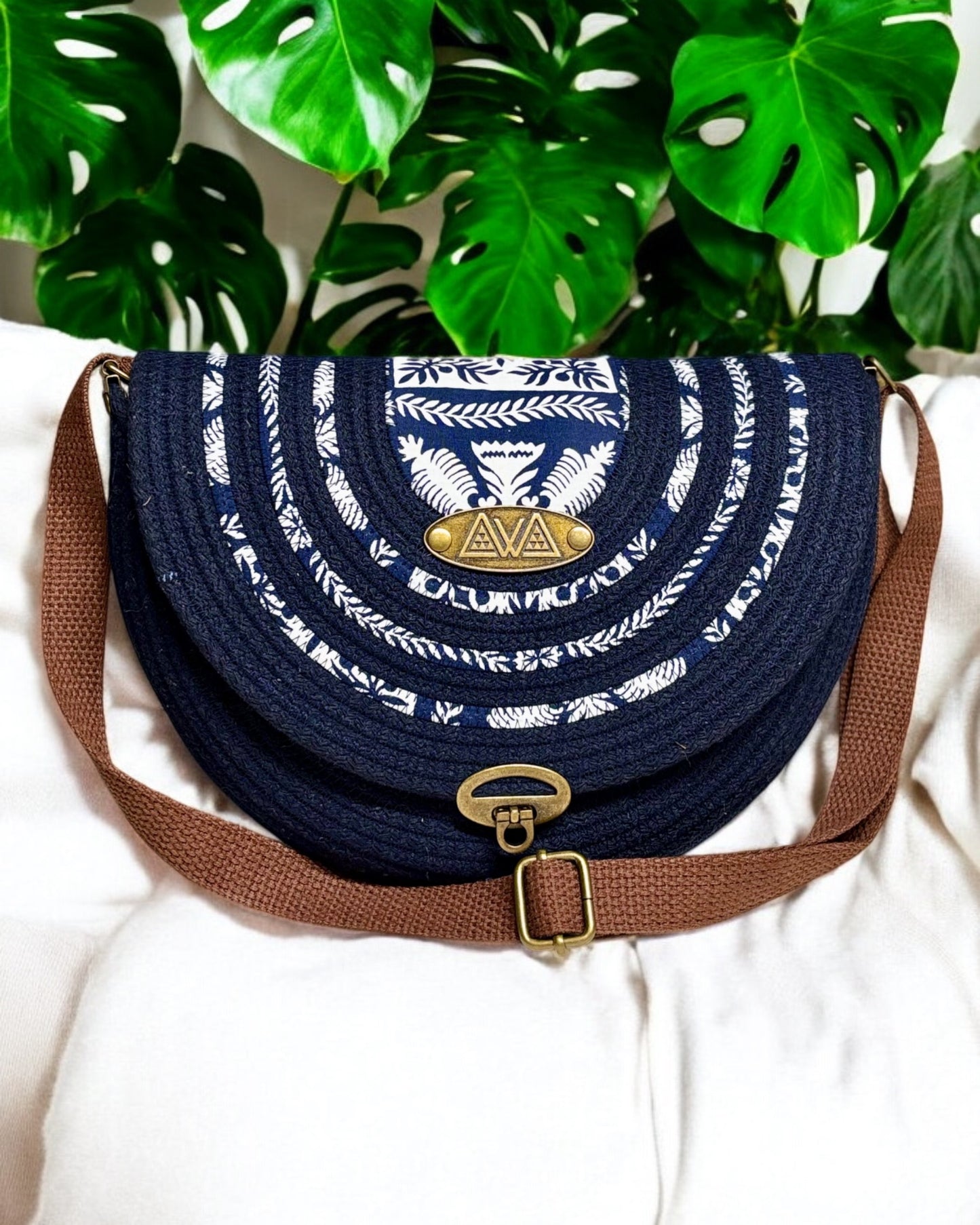 Navy Mahina Crossbody Messenger Bag - Hawaiian Quilt Print Fabric Accents, Handmade, & Eco-Friendly (In-Stock) - Sew Da Kine