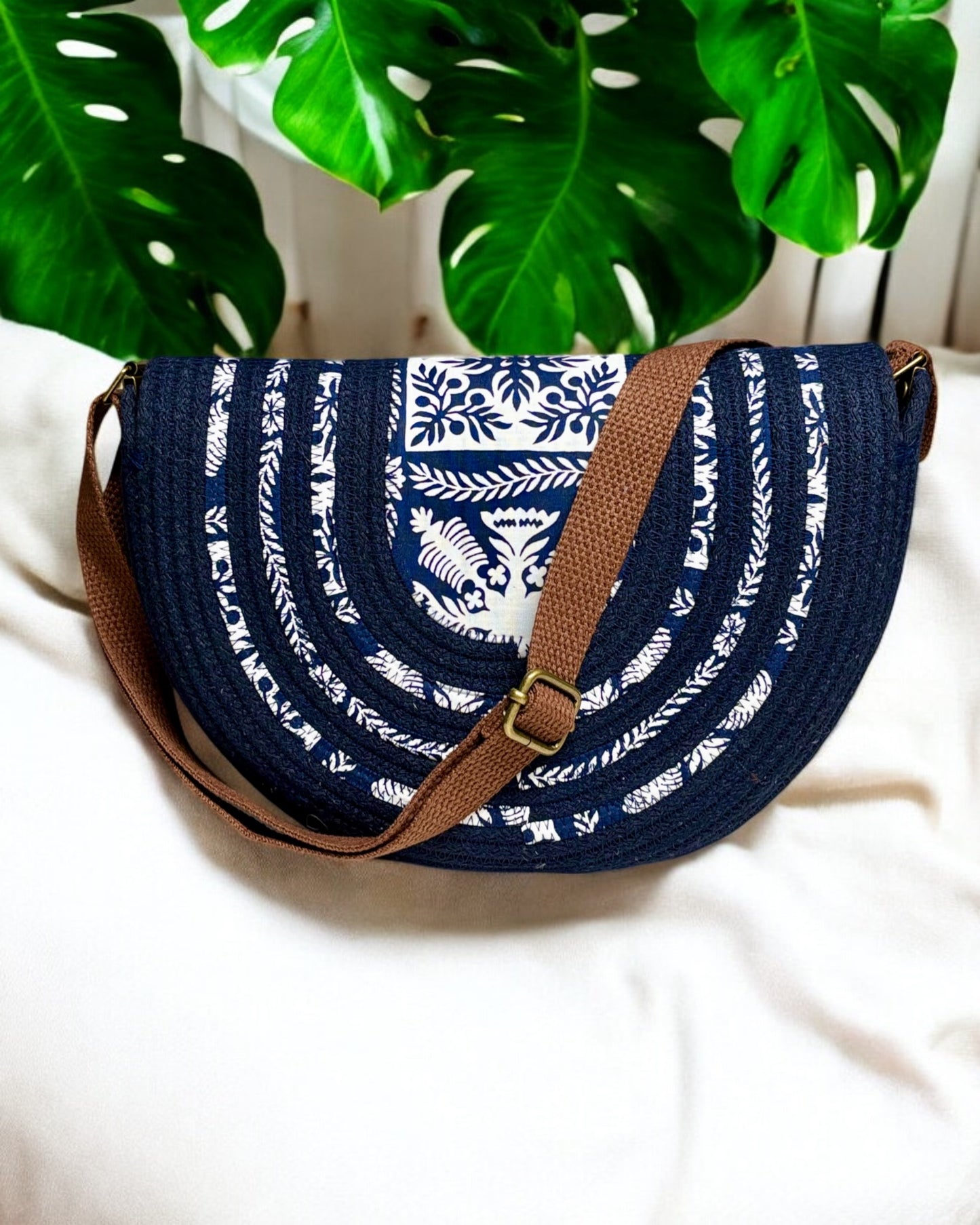 Navy Mahina Crossbody Messenger Bag - Hawaiian Quilt Print Fabric Accents, Handmade, & Eco-Friendly (In-Stock) - Sew Da Kine