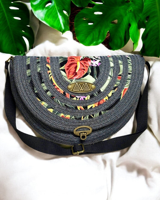 Graphite Mahina Crossbody Messenger Bag - Anthurium Flower Accents, Handmade, & Eco-Friendly (In-Stock) - Sew Da Kine