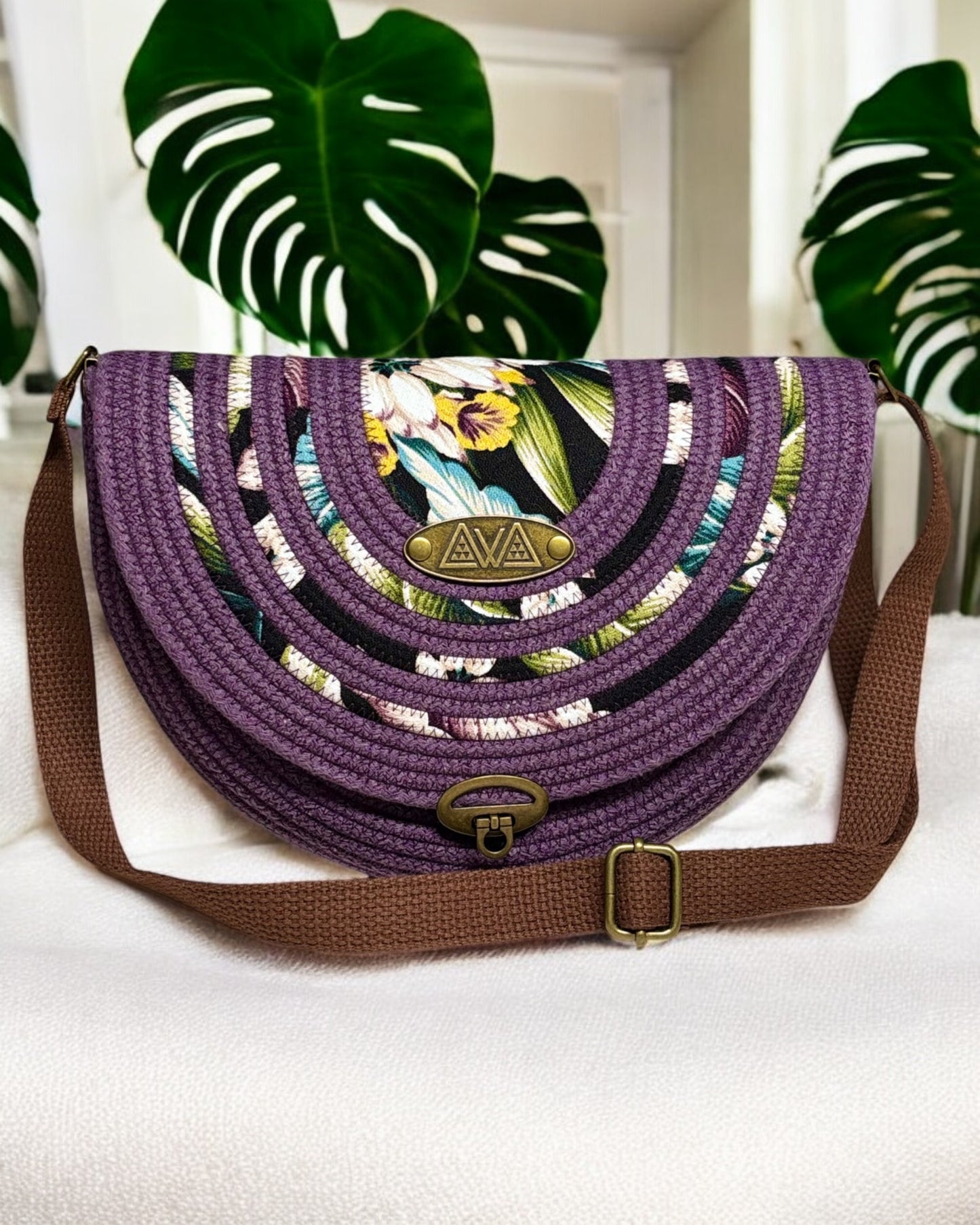 Amethyst Mahina Crossbody Messenger Bag - Orchid Flower Accents, Handmade, & Eco-Friendly (In-Stock) - Sew Da Kine