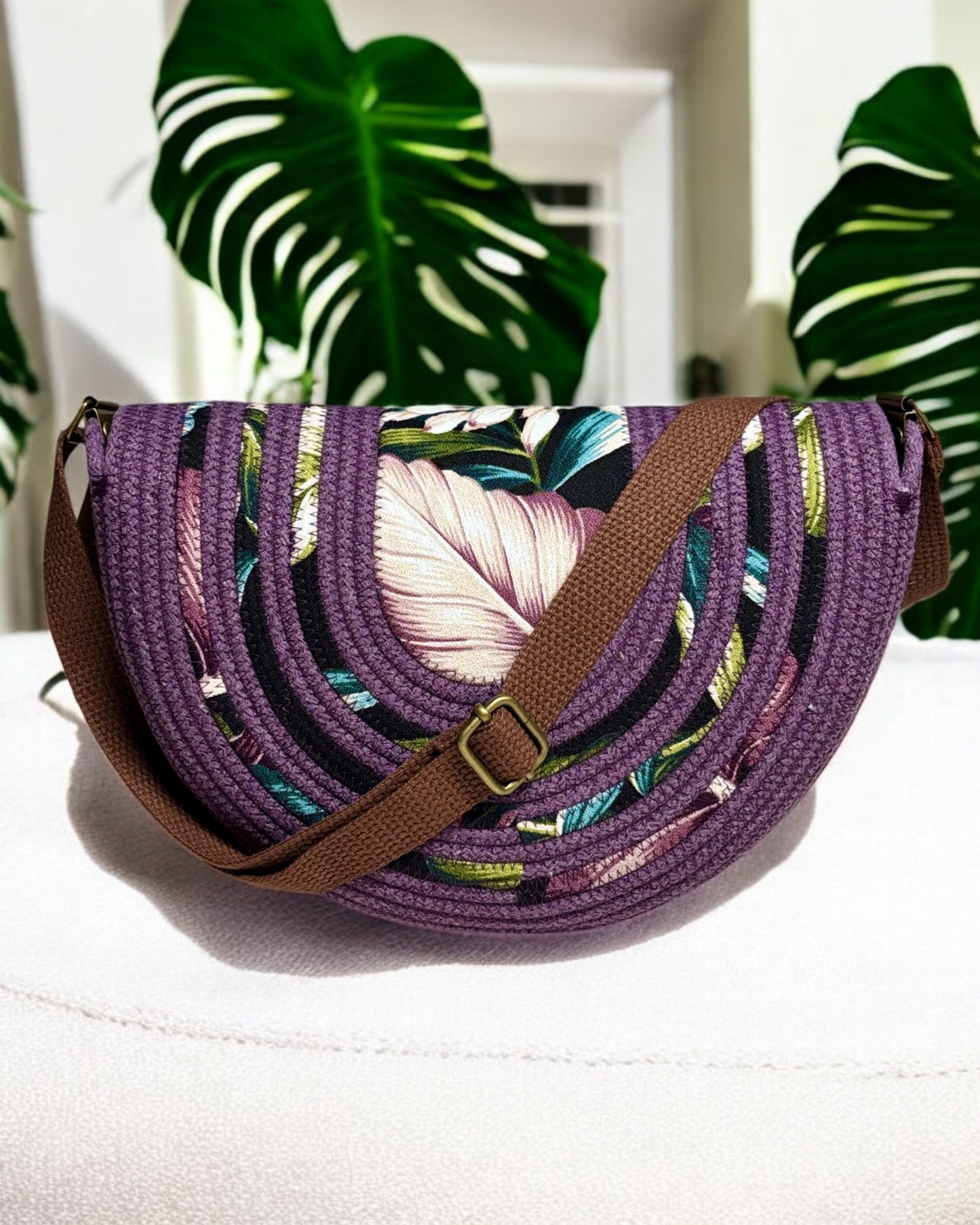 Amethyst Mahina Crossbody Messenger Bag - Orchid Flower Accents, Handmade, & Eco-Friendly (In-Stock) - Sew Da Kine