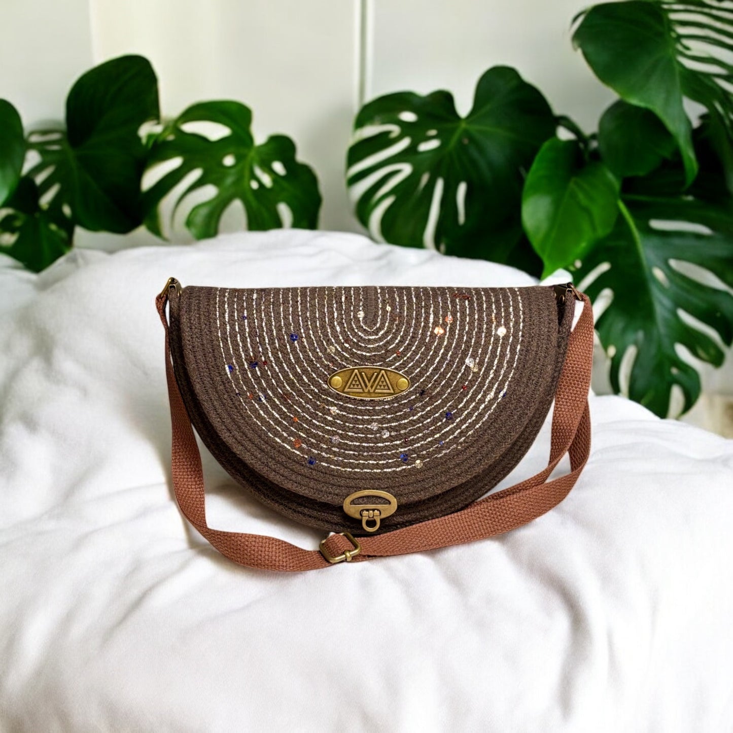 Chocolate Mahina Crossbody Messenger Bag - Cream & Colored Sequin Accents, Handmade, & Eco-Friendly (In-Stock) - Sew Da Kine