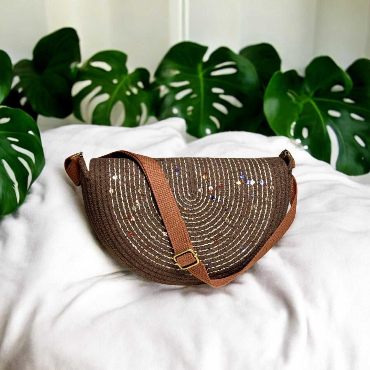 Chocolate Mahina Crossbody Messenger Bag - Cream & Colored Sequin Accents, Handmade, & Eco-Friendly (In-Stock) - Sew Da Kine