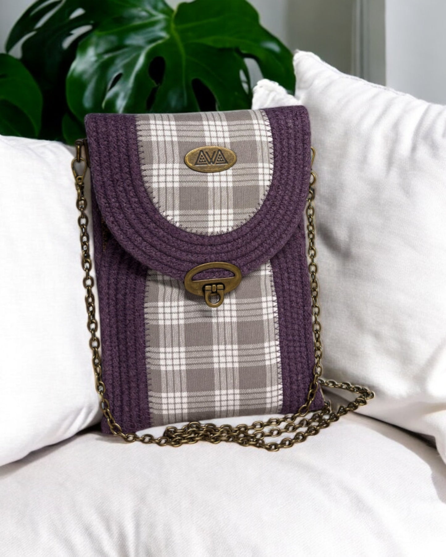Amethyst Eke Crossbody Bag - Grey Palaka Accents, Handmade, & Eco-Friendly (In-Stock) - Sew Da Kine