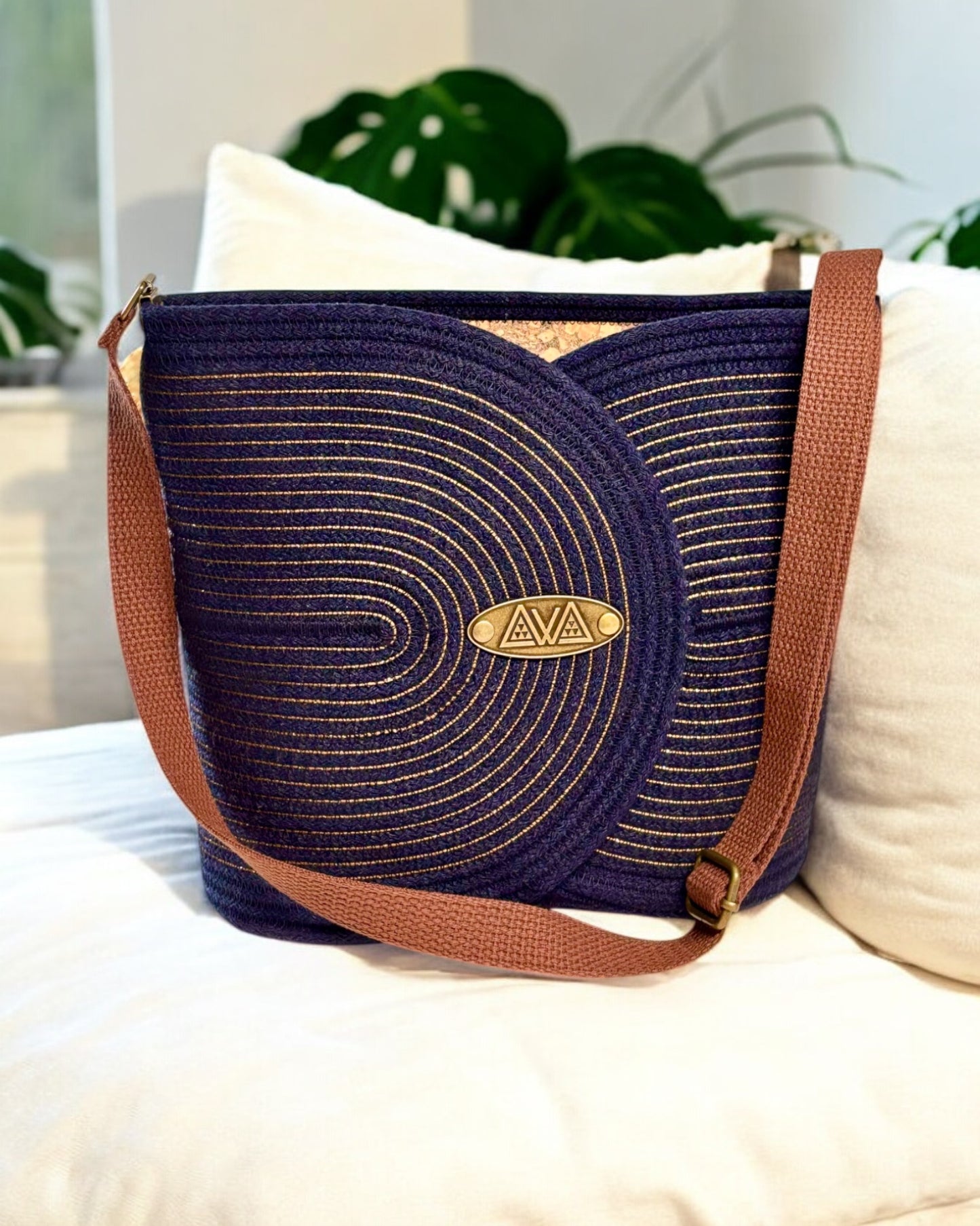 Navy Pakeke Crossbody Bucket Bag – Silvery Black Accents, Handmade & Eco-Friendly - Sew Da Kine