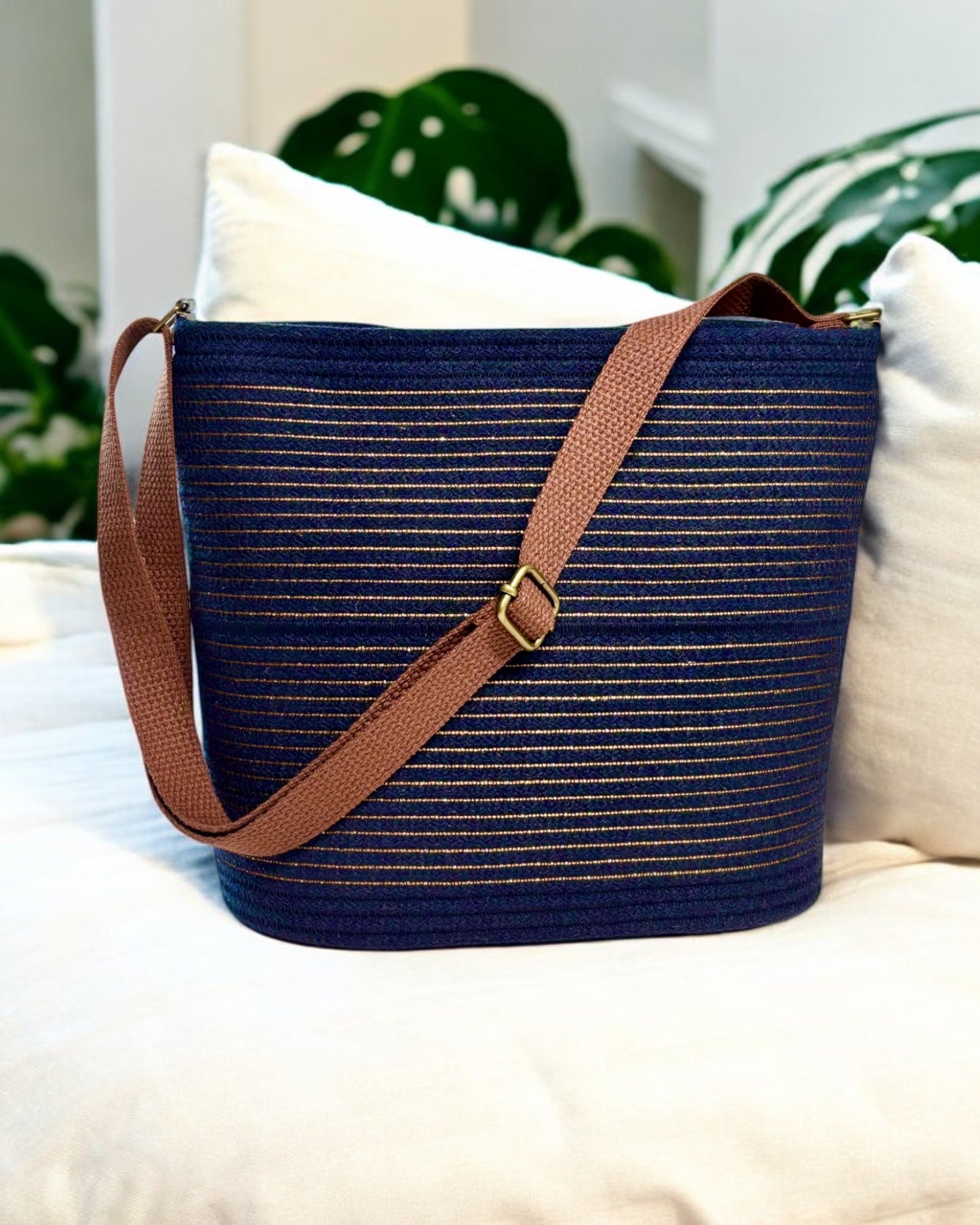 Navy Pakeke Crossbody Bucket Bag – Silvery Black Accents, Handmade & Eco-Friendly - Sew Da Kine