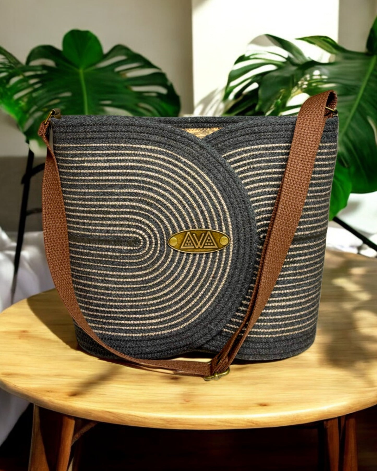 Charcoal Pakeke Crossbody Bucket Bag – Taupe & Gold Accent, Handmade & Eco-Friendly (In-Stock) - Sew Da Kine