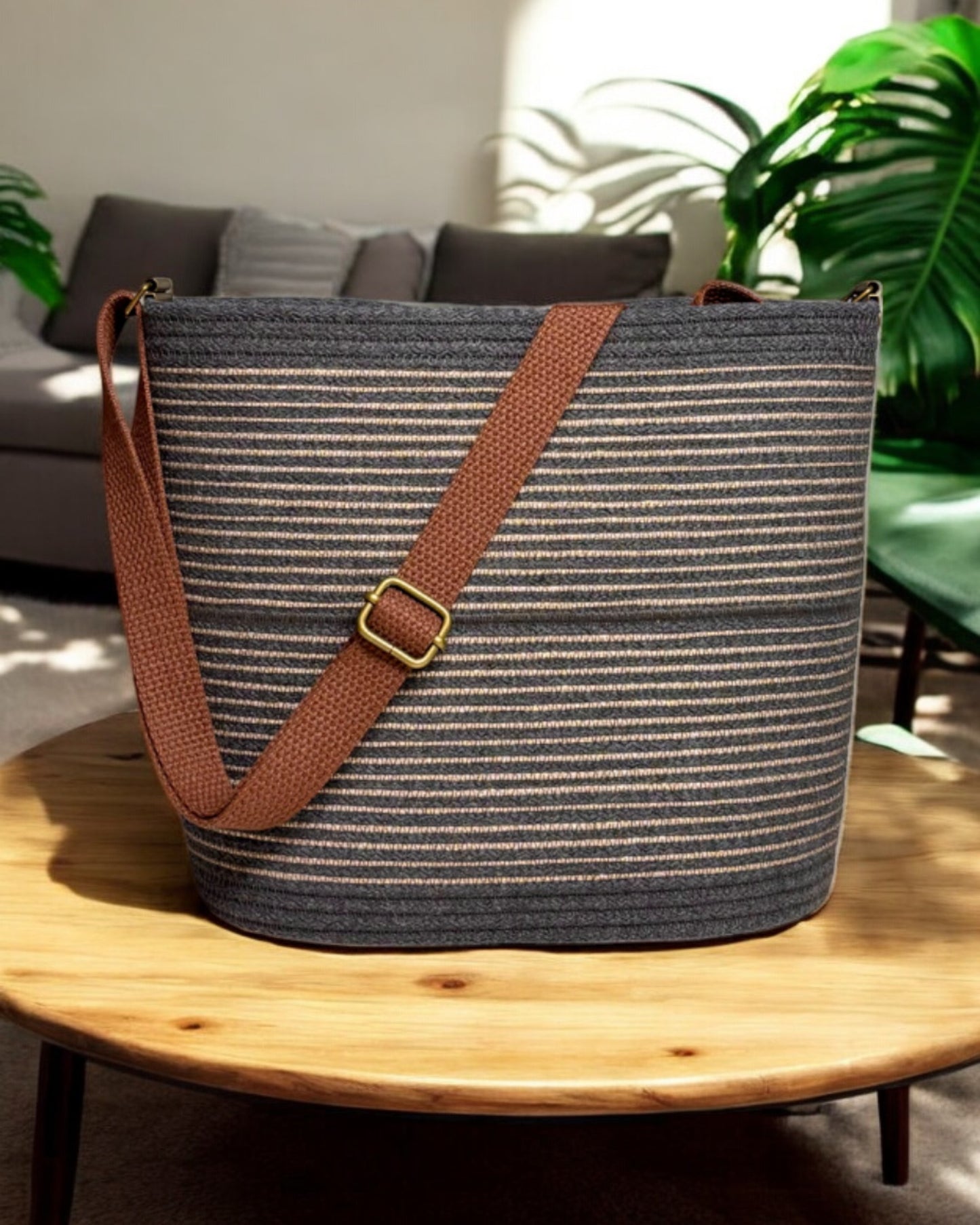 Charcoal Pakeke Crossbody Bucket Bag – Taupe & Gold Accent, Handmade & Eco-Friendly (In-Stock) - Sew Da Kine