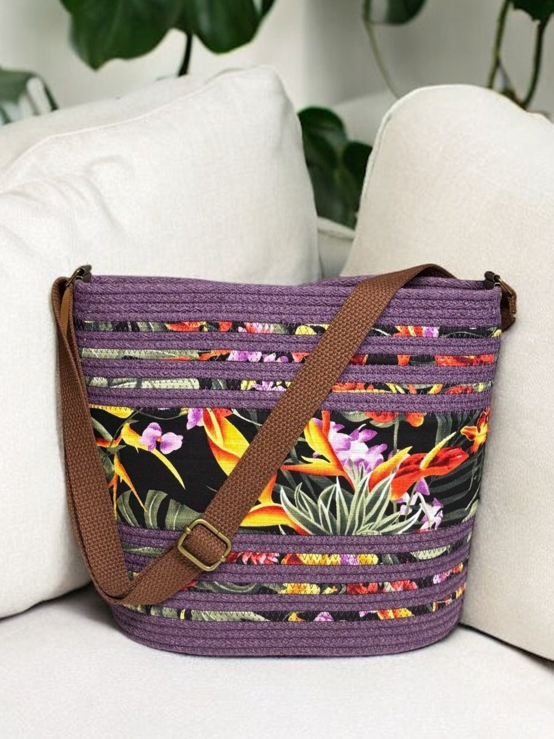 Amethyst Pakeke Crossbody Bucket Bag – Ginger Flower Accents, Handmade & Eco-Friendly (In-Stock) - Sew Da Kine