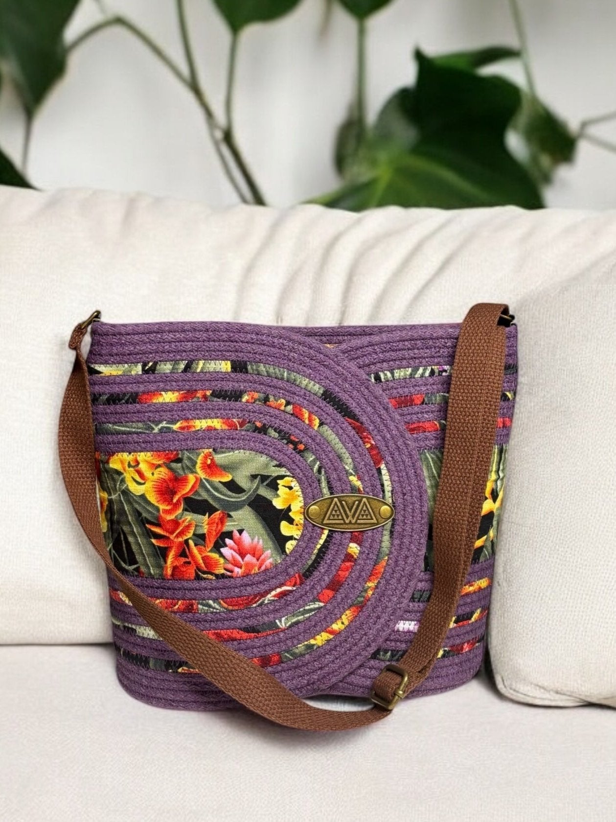 Amethyst Pakeke Crossbody Bucket Bag – Ginger Flower Accents, Handmade & Eco-Friendly (In-Stock) - Sew Da Kine