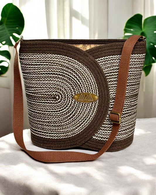 Chocolate Pakeke Crossbody Bucket Bag – Cream, Tan & Chocolate Woven Accents, Handmade & Eco-Friendly (In-Stock) - Sew Da Kine