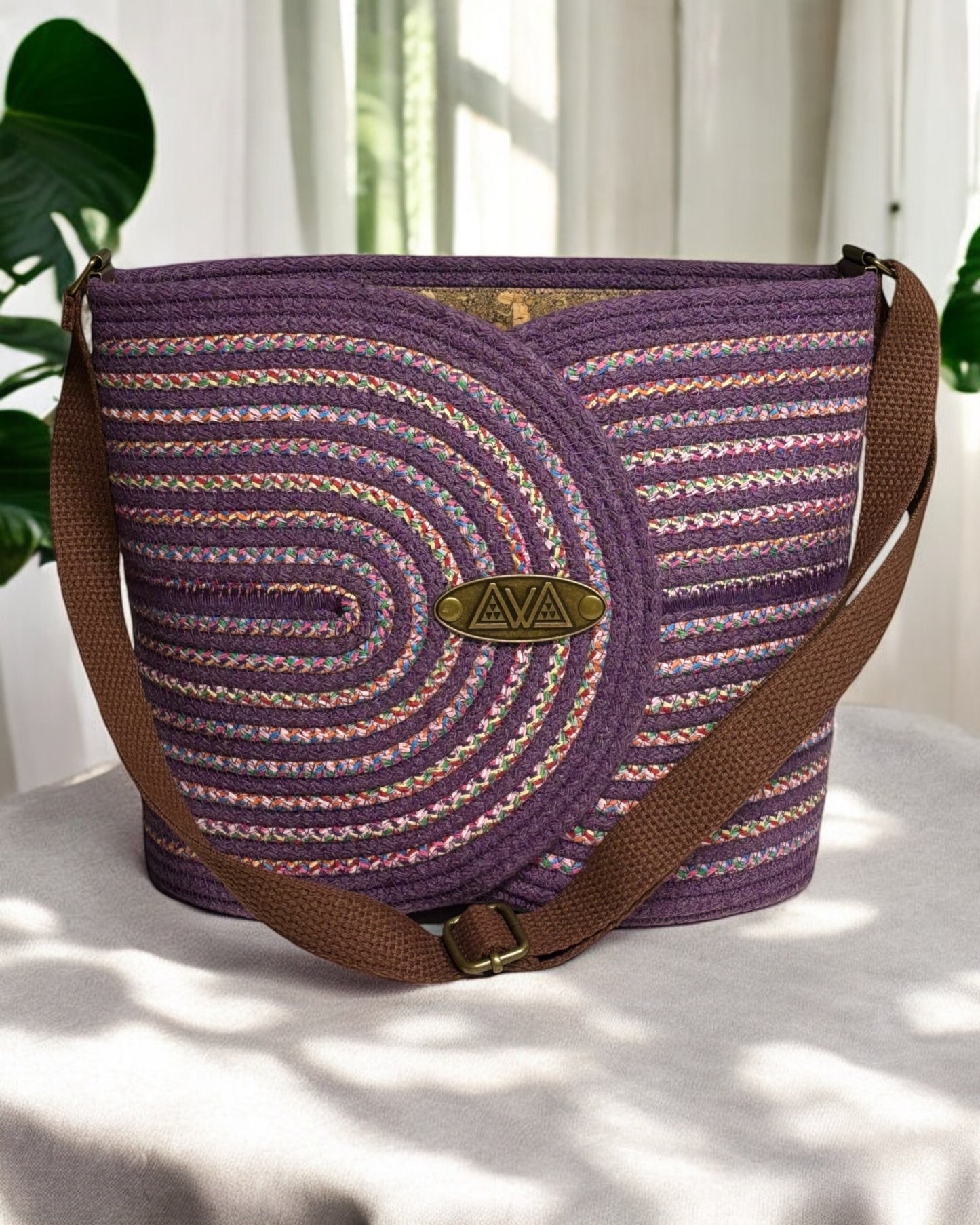 Amethyst Pakeke Crossbody Bucket Bag – Multicolored Woven Accents, Handmade & Eco-Friendly (In-Stock) - Sew Da Kine