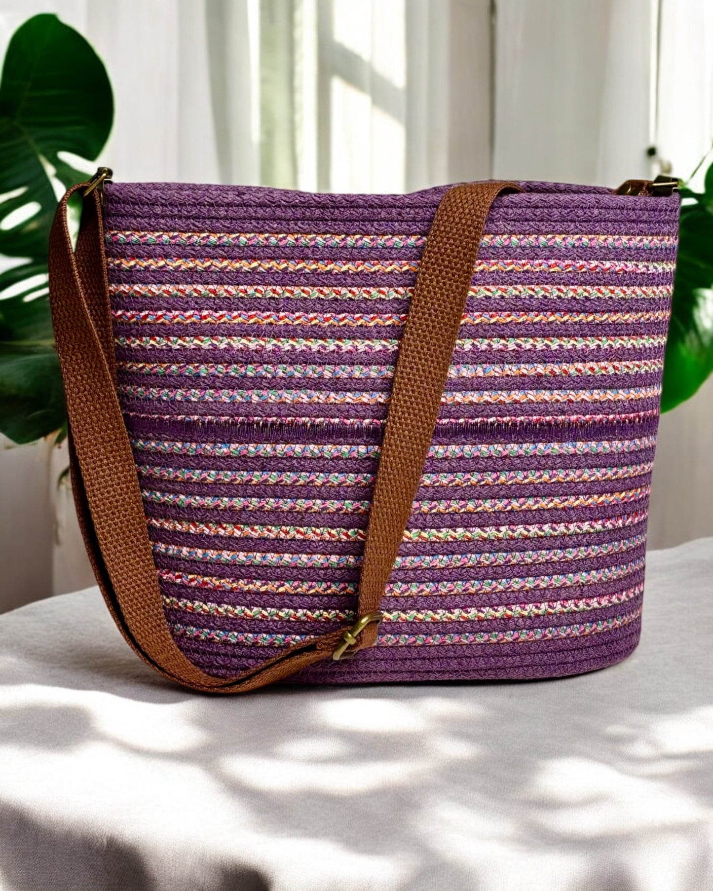 Amethyst Pakeke Crossbody Bucket Bag – Multicolored Woven Accents, Handmade & Eco-Friendly (In-Stock) - Sew Da Kine