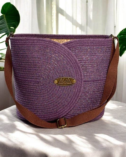 Amethyst Pakeke Crossbody Bucket Bag – Metallic Multicolored Woven Accents, Handmade & Eco-Friendly (In-Stock) - Sew Da Kine