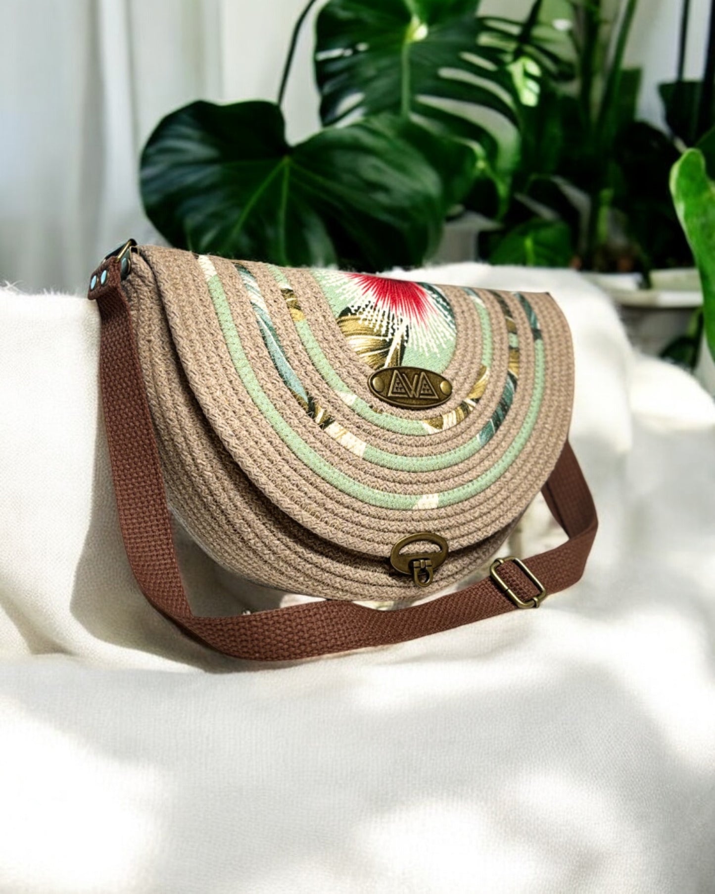 Sandstone Mahina Crossbody Messenger Bag - Sage Ōhiʻa Flower Accents, Handmade, & Eco-Friendly (In-Stock)) - Sew Da Kine