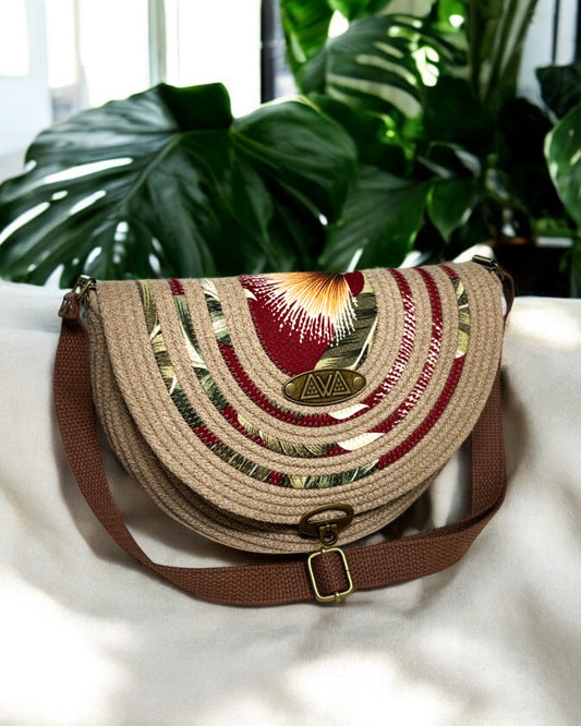 Sandstone Mahina Crossbody Messenger Bag - Burgundy Ōhiʻa Flower Accents, Handmade, & Eco-Friendly (In-Stock) - Sew Da Kine