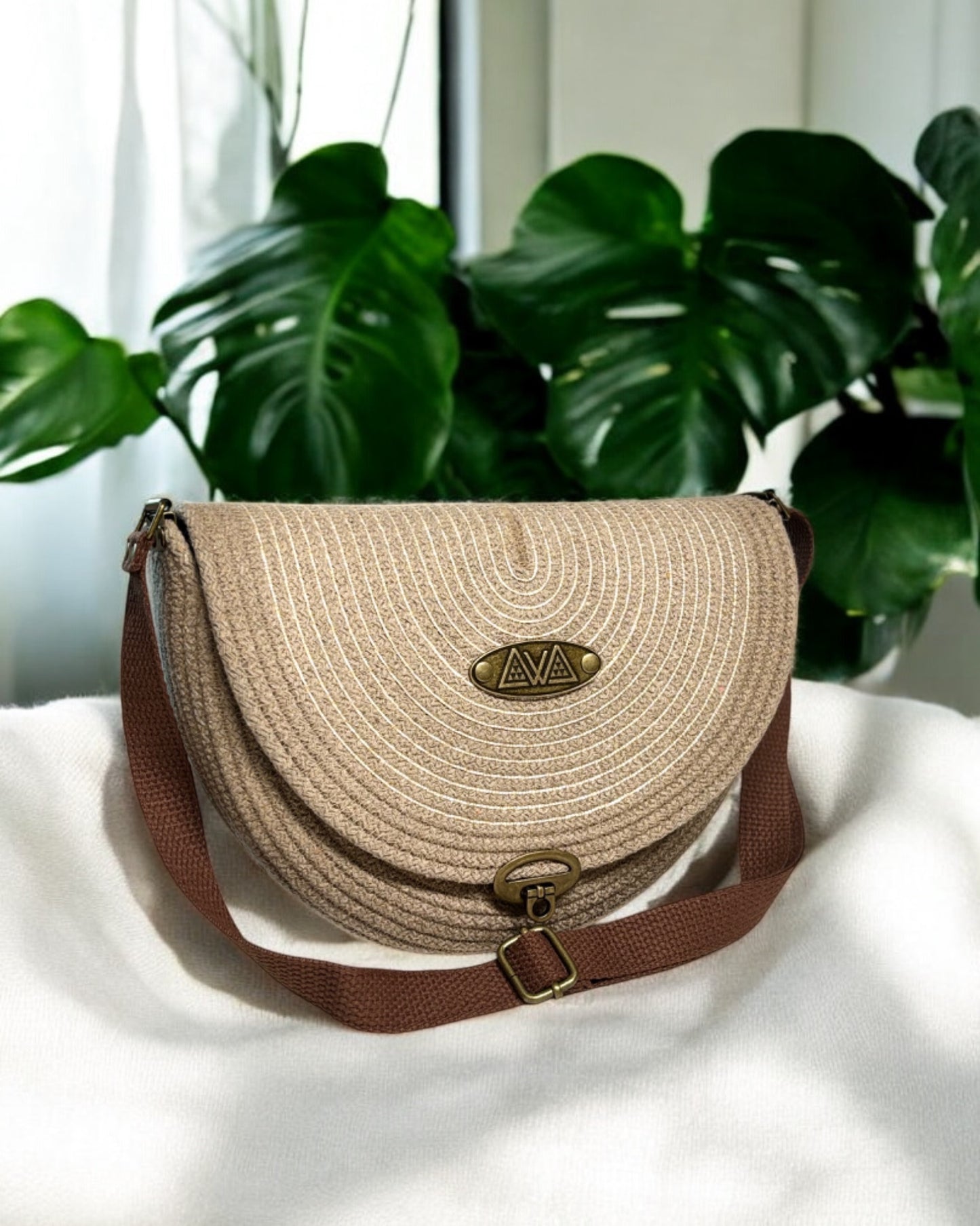 Sandstone Mahina Crossbody Messenger Bag - Tan & Gold Accents, Handmade, & Eco-Friendly
