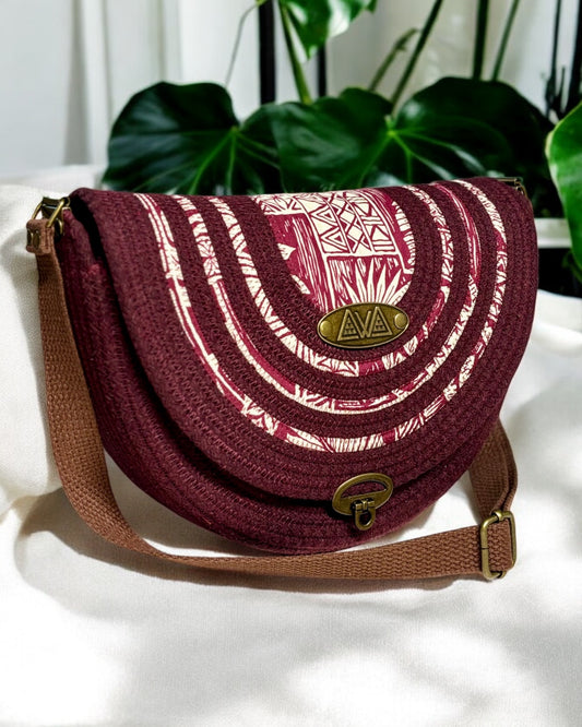 Burgundy Mahina Crossbody Messenger Bag - Vintage Hawaiian Print Fabric, Handmade, & Eco-Friendly - Sew Da Kine