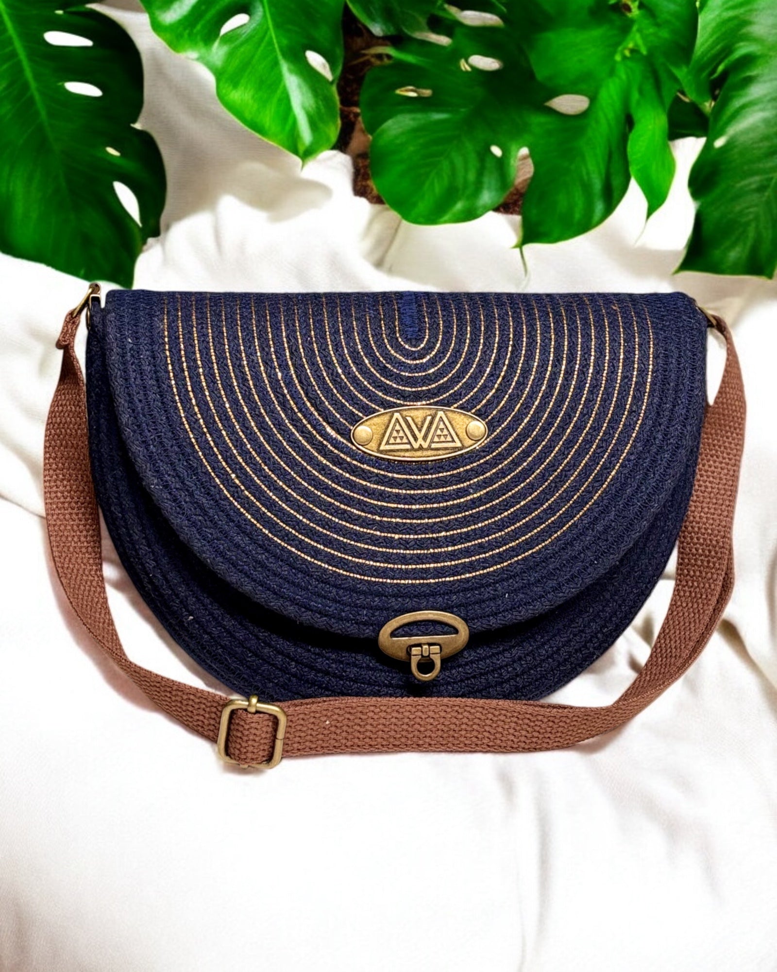 Navy Mahina Crossbody Messenger Bag - Gold Accents, Handmade, & Eco-Friendly - Sew Da Kine