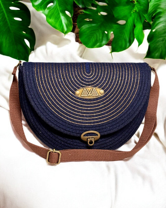 Navy Mahina Crossbody Messenger Bag - Gold Accents, Handmade, & Eco-Friendly - Sew Da Kine