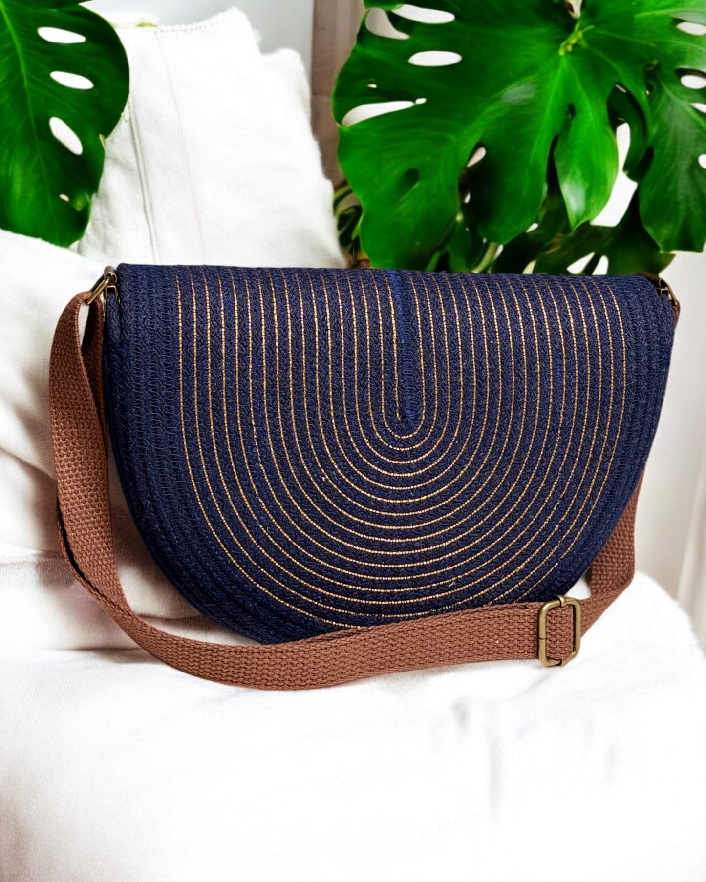 Navy Mahina Crossbody Messenger Bag - Gold Accents, Handmade, & Eco-Friendly - Sew Da Kine