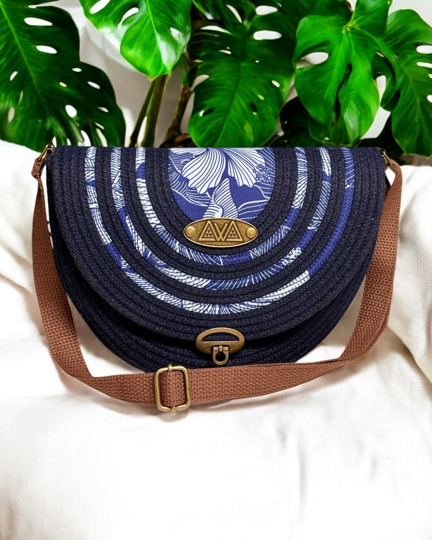 Navy Mahina Crossbody Messenger Bag - Navy Tones Hibiscus Print Fabric Accents, Handmade, & Eco-Friendly - Sew Da Kine
