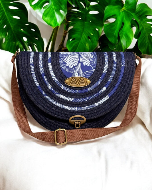 Navy Mahina Crossbody Messenger Bag - Navy Tones Hibiscus Print Fabric Accents, Handmade, & Eco-Friendly - Sew Da Kine