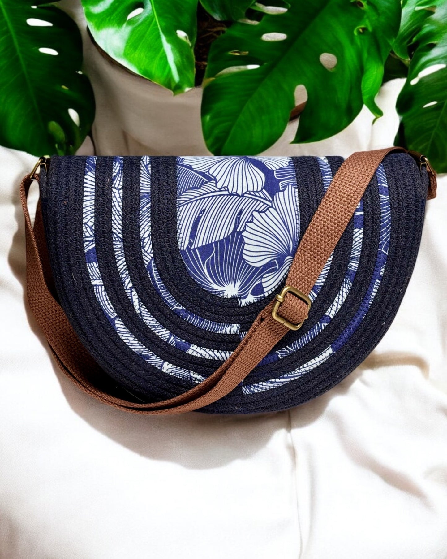 Navy Mahina Crossbody Messenger Bag - Navy Tones Hibiscus Print Fabric Accents, Handmade, & Eco-Friendly - Sew Da Kine