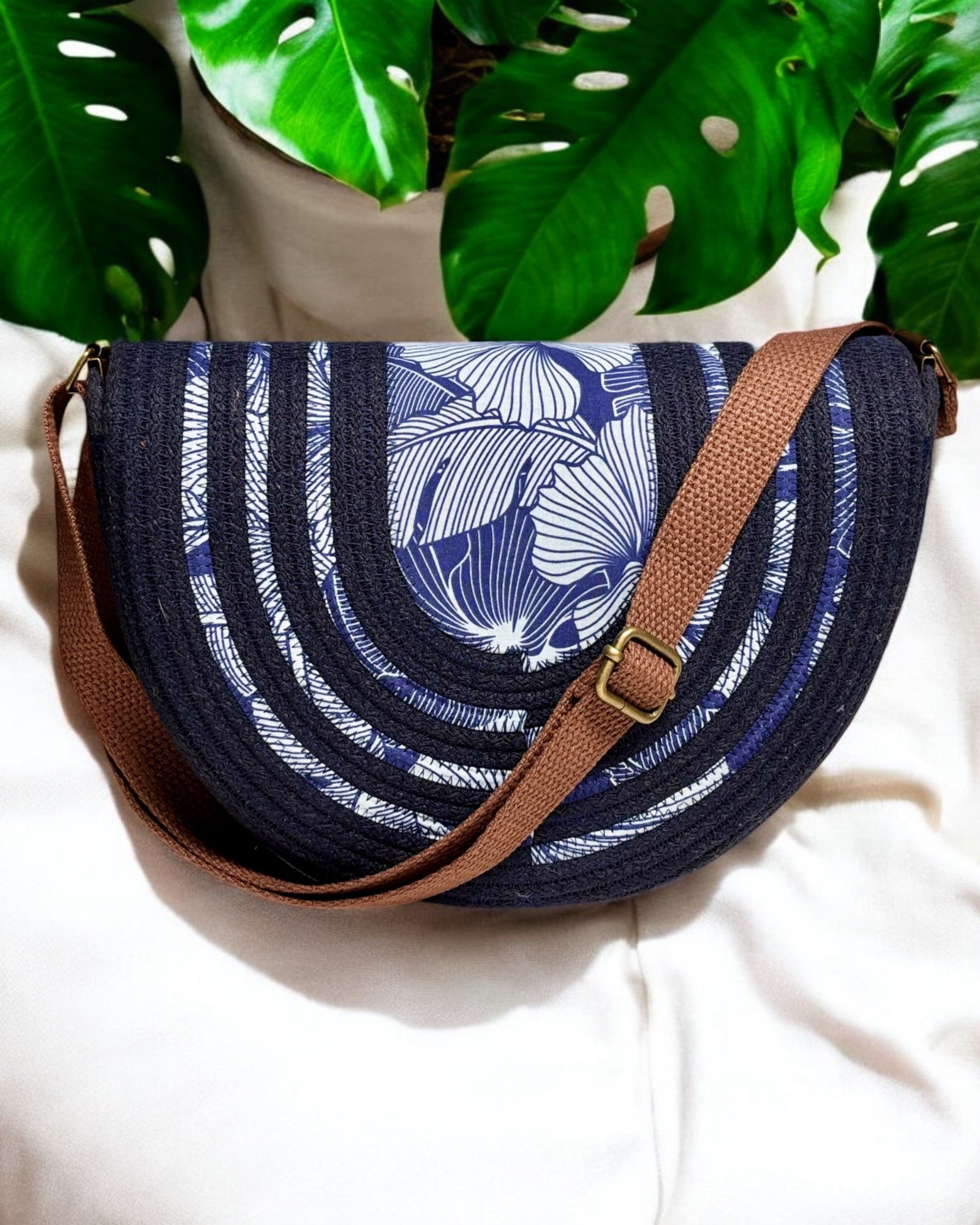 Navy Mahina Crossbody Messenger Bag - Navy Tones Hibiscus Print Fabric Accents, Handmade, & Eco-Friendly - Sew Da Kine