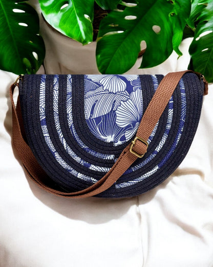 Navy Mahina Crossbody Messenger Bag - Navy Tones Hibiscus Print Fabric Accents, Handmade, & Eco-Friendly - Sew Da Kine