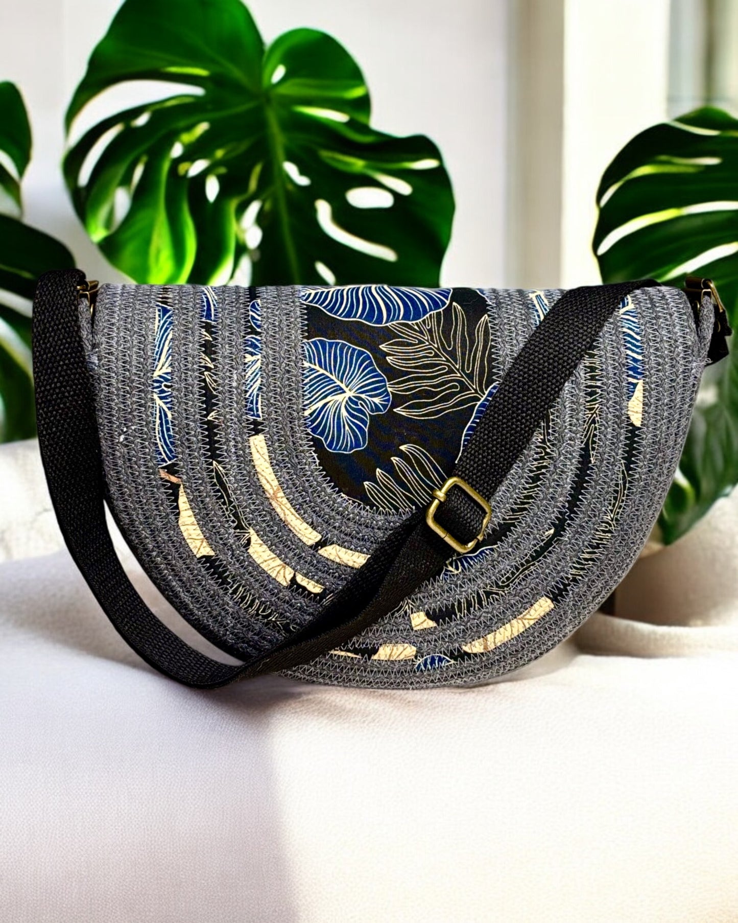 Graphite Mahina Crossbody Messenger Bag - Taro Leaf Accents, Handmade, & Eco-Friendly (In-Stock)) - Sew Da Kine