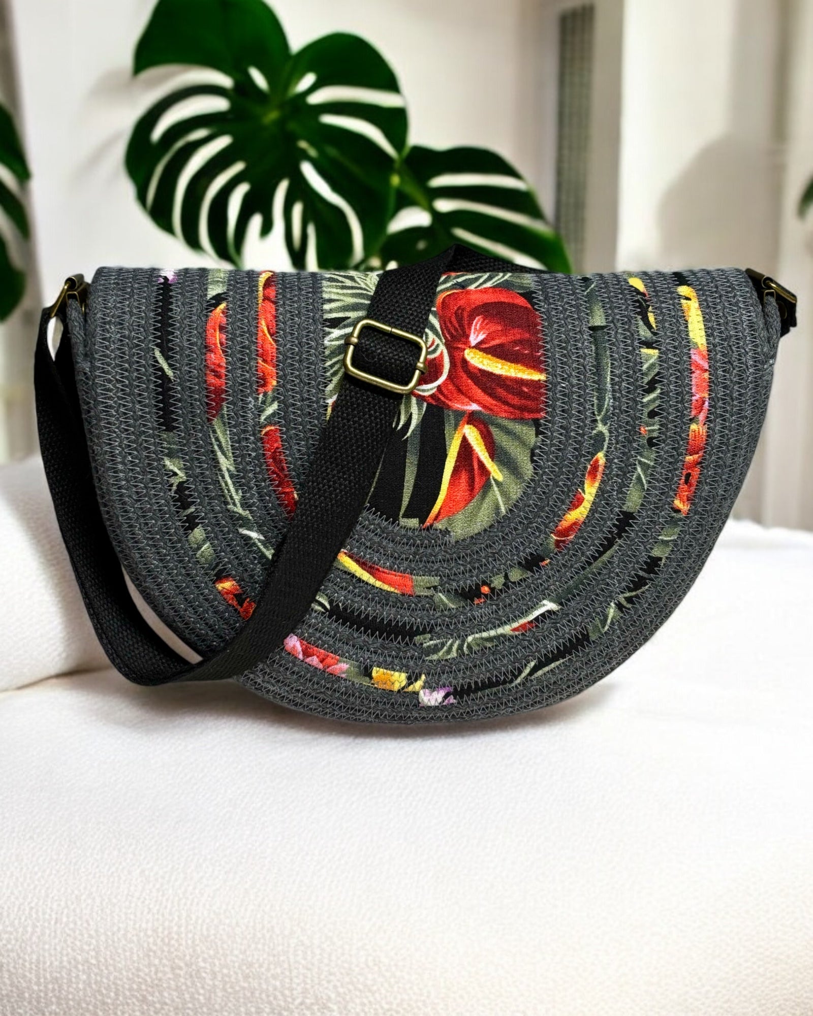 Graphite Mahina Crossbody Messenger Bag - Anthurium Flower Accents, Handmade, & Eco-Friendly (In-Stock) - Sew Da Kine