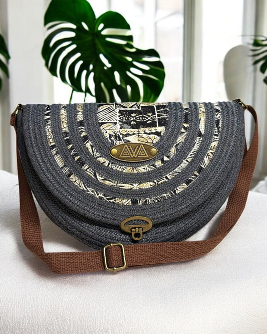 Graphite Mahina Crossbody Messenger Bag - Khaki Vintage Hawaiian Print Accents, Handmade, & Eco-Friendly - Sew Da Kine