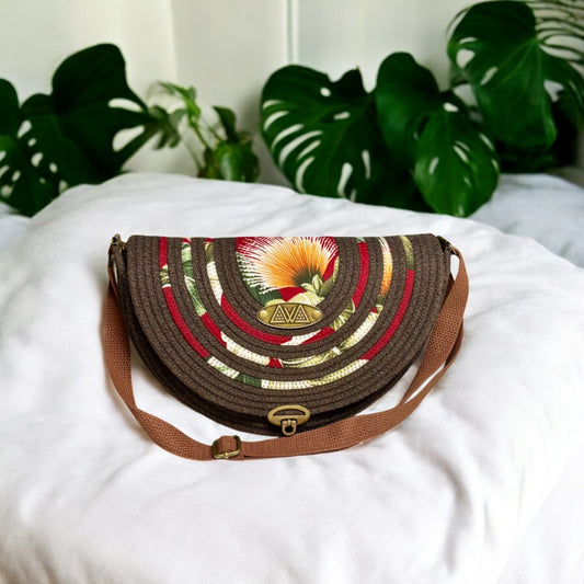 Chocolate Mahina Crossbody Messenger Bag - Burgundy Ōhiʻa Flower Accents, Handmade, & Eco-Friendly - Sew Da Kine