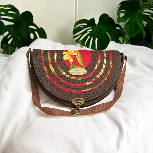 Chocolate Mahina Crossbody Messenger Bag - Deep Red and Yellow Flower Fabric Accents, Handmade, & Eco-Friendly - Sew Da Kine