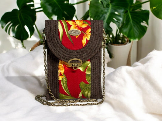 Charcoal Eke Crossbody Bag - Deep red & Yellow Flower Accents, Handmade, & Eco-Friendly (In-Stock) - Sew Da Kine