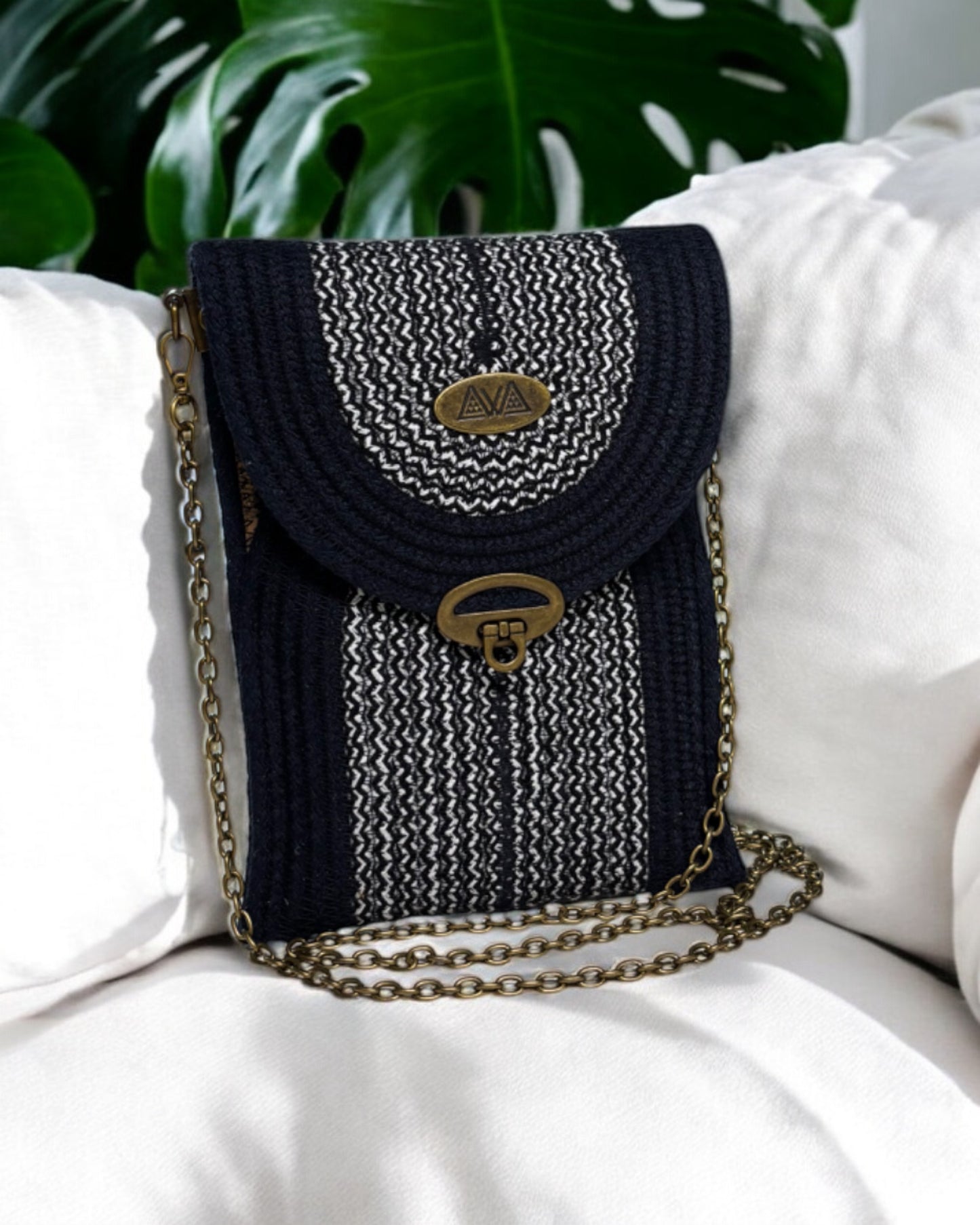 Navy Eke Crossbody Bag - Black & Cream Woven Accents, Handmade, & Eco-Friendly (In-Stock) - Sew Da Kine