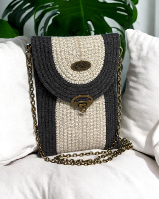 Charcoal Eke Crossbody Bag - Grey & Cream Woven Accents, Handmade, & Eco-Friendly (In-Stock) - Sew Da Kine