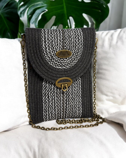 Charcoal Eke Crossbody Bag - Black & Cream Woven Accents, Handmade, & Eco-Friendly (In-Stock) - Sew Da Kine