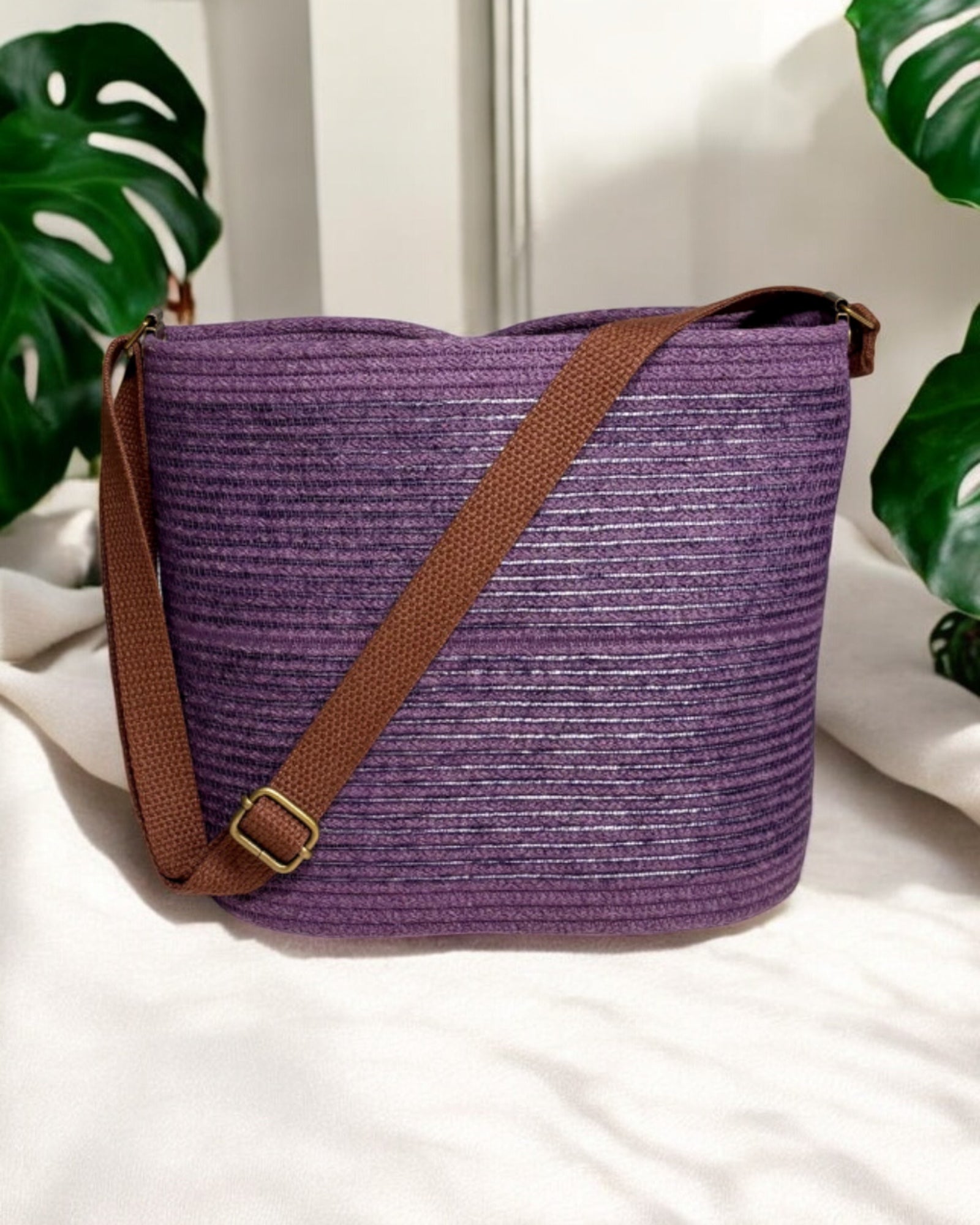 Amethyst Pakeke Crossbody Bucket Bag – Metallic Silver Accents, Handmade & Eco-Friendly (In-Stock) - Sew Da Kine