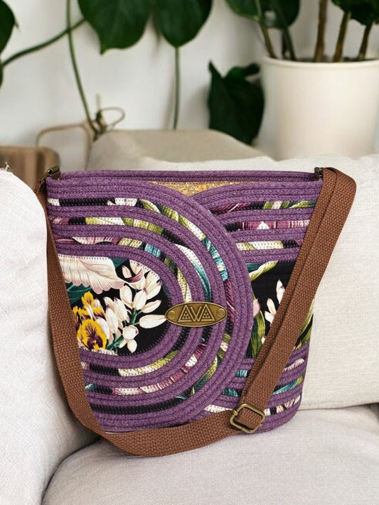 Amethyst Pakeke Crossbody Bucket Bag – Orchid Flower Accents, Handmade & Eco-Friendly (In-Stock) - Sew Da Kine