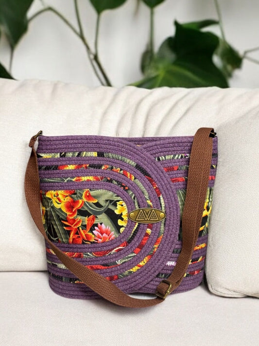 Amethyst Pakeke Crossbody Bucket Bag – Ginger Flower Accents, Handmade & Eco-Friendly (In-Stock) - Sew Da Kine