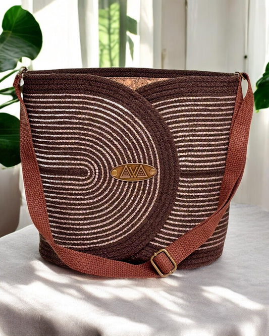 Chocolate Pakeke Crossbody Bucket Bag – Taupe & Gold Accents, Handmade & Eco-Friendly (In-Stock) - Sew Da Kine